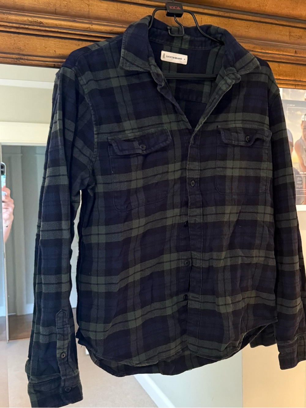 Lucky Brand Navy and Green Plaid Button-Down Shirt